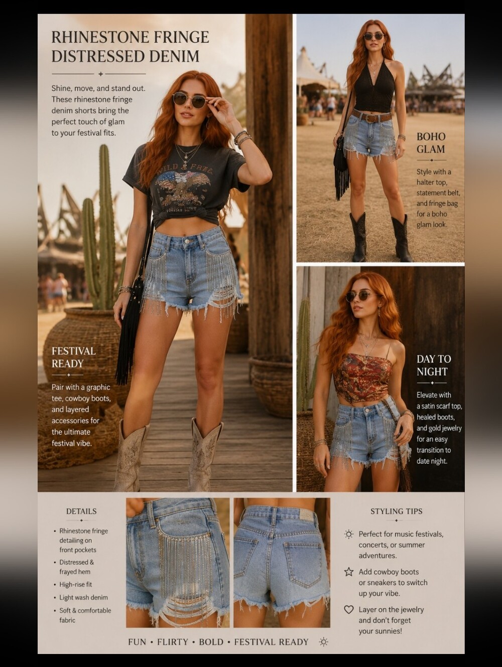 Rhinestone Fringe Distressed Denim Shorts • Festival Glam • High Waist • Size L